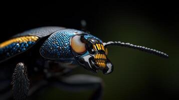 A close up of a beetle with blue and yellow stripes photo