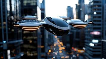 A futuristic flying car in the air over a city photo