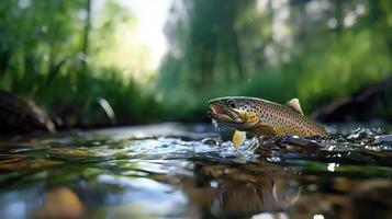 A brown trout is swimming in a stream photo
