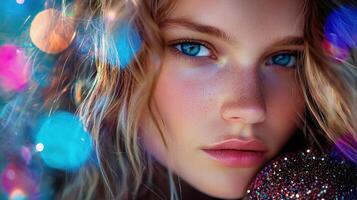 A beautiful woman with blue eyes and a colorful christmas ornament photo