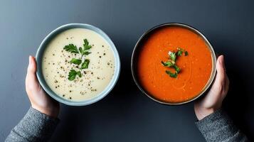 Two bowls of soup on a table photo