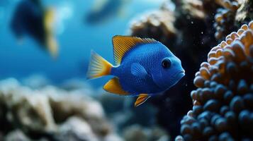 A blue fish swimming in the ocean with coral photo