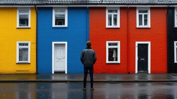 A man standing in front of a row of colorful houses photo