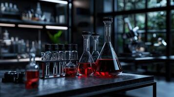 Laboratory flasks and bottles of red liquid on a table photo