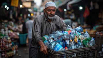 A man carrying a basket of plastic bottles in a market photo