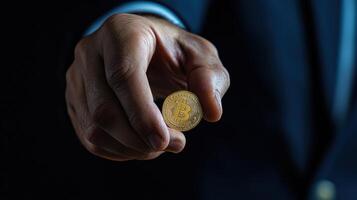 A man in a suit holding a bitcoin photo