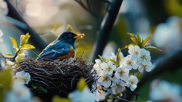 A bird is sitting on top of a nest with flowers photo