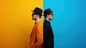 Two men in suits and hats on different colors photo