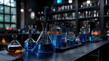 A laboratory with many different colored liquids photo