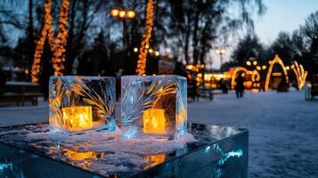 Two ice blocks with candles on them in a park photo