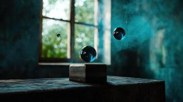 A wooden box with a blue liquid on top photo