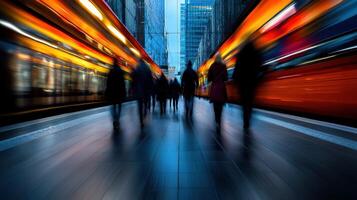 People walking on a city street with a train in the background photo