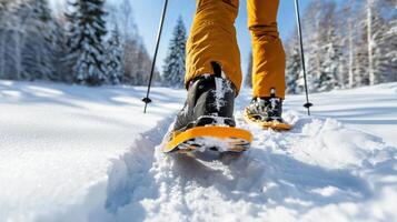 A person wearing skis and snow boots on a trail photo