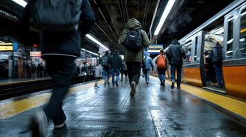 People walking on a subway platform with a train coming photo