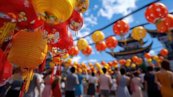 A crowd of people are standing around a large chinese lantern photo