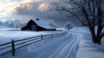 A snowy road leads to a barn and fence photo