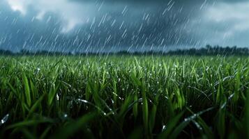 Rainy grass field with green grass and trees photo