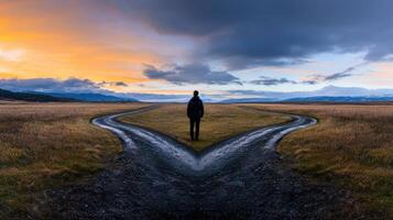 A man standing on a road in the middle of a field photo