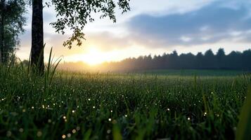 A field with grass and trees at sunset photo