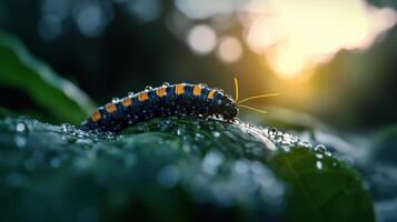 A caterpillar on a leaf with water droplets photo