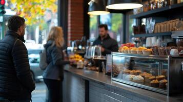 A man standing in front of a counter with a pastry case photo