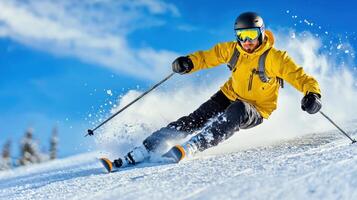 A man in yellow jacket skiing down a snowy slope photo