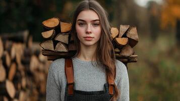 A girl with a stack of logs on her back photo