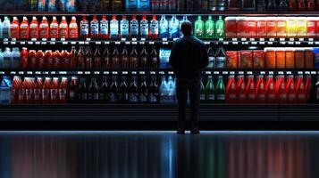 A man stands in front of a soda machine photo