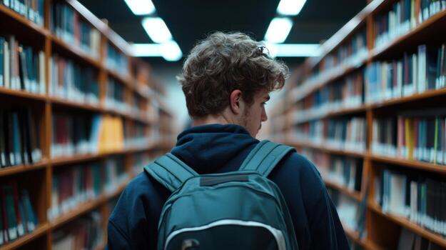 A young man with a backpack in a library photo