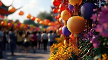 A group of people walking by colorful lanterns photo