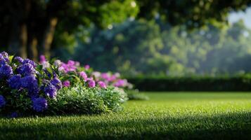 A beautiful lawn with purple flowers in the foreground photo