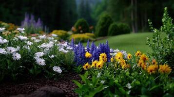 A beautiful garden with flowers and trees photo