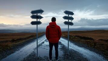 A man standing on a road with a red jacket and a sign pointing in different directions photo