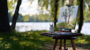 An easel with paints and brushes on it by a lake photo