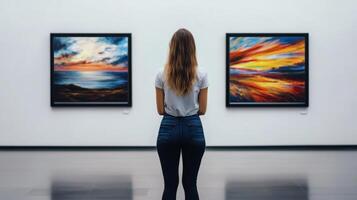 A woman looking at paintings in an art gallery photo