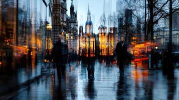 A blurry image of people walking in the rain photo