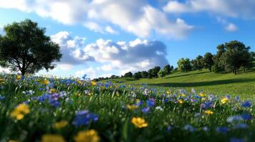 A field of wildflowers with a tree in the middle photo