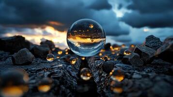 A glass ball with water and rocks in the background photo