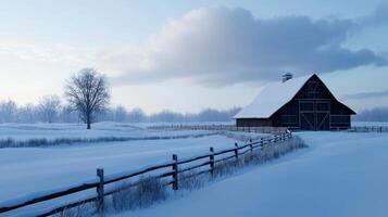 Winter landscape with barn and fence photo