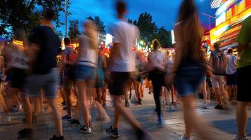 A crowd of people walking in a city at night photo