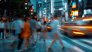 A blurry image of people walking down a busy street photo