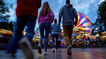 People walking through an amusement park with a ferris wheel photo