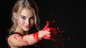 A beautiful young woman with red paint on her hands photo