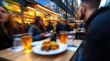 A group of people sitting at a table with drinks photo