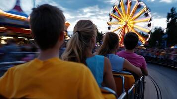 A group of people riding on a ferris wheel photo