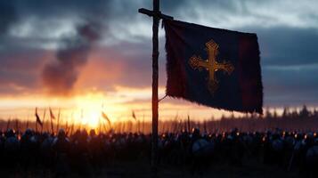 A flag with a cross on it is in the background photo