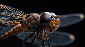 A close up of a dragonfly with its eyes open photo