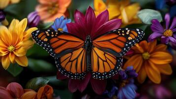 A monarch butterfly is sitting on a bunch of flowers photo