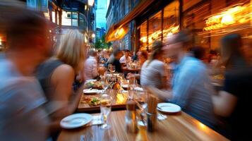 A blurry image of people eating at a restaurant photo