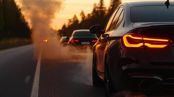 Cars driving on a road with smoke coming out of the tailpipe photo